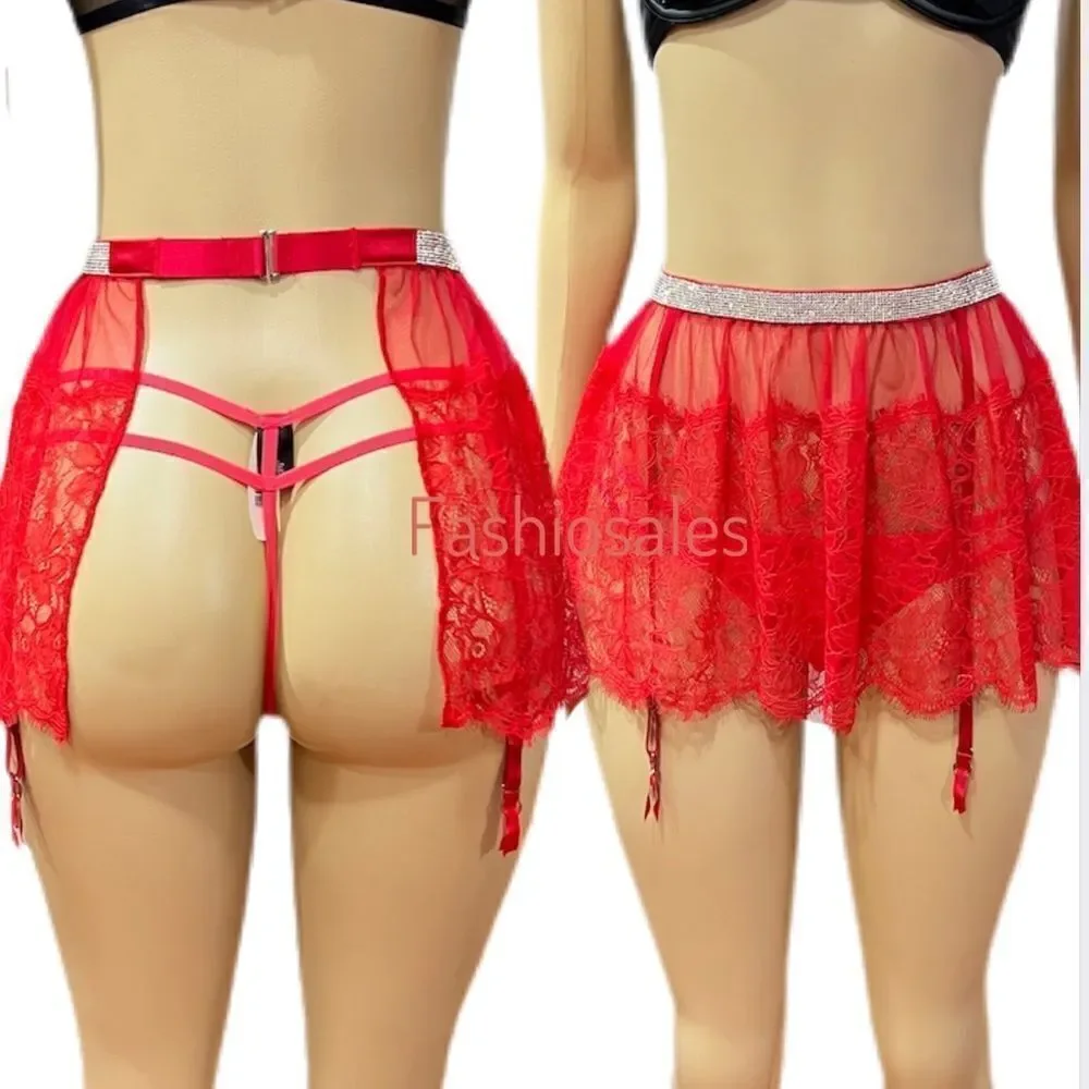 Victoria’s Secret Sexy Bling Rhinestone Shine Lace Skirt garter belt Red Xs / S